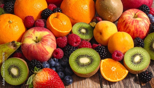 Fototapeta Naklejka Na Ścianę i Meble -  Assortment of vibrant fresh fruits arranged on a rustic wooden surface