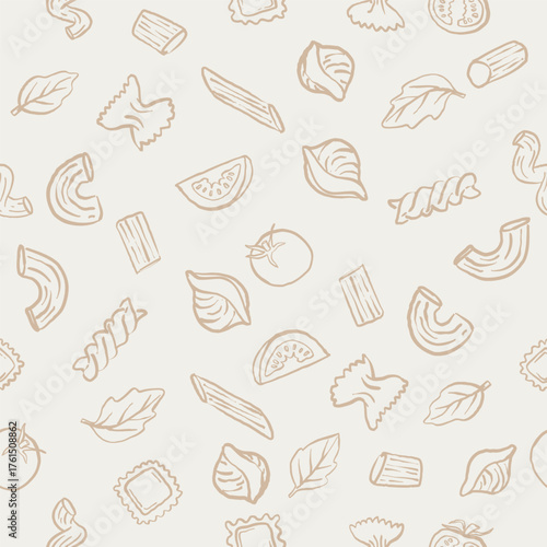 seamless hand drawn beige pasta pattern with various italian noodles tomatoes leaves and herbs on light background perfect for packaging kitchen design and restaurant branding