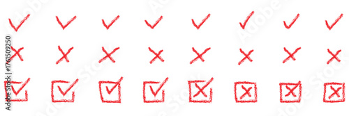 Check tick mark icon set. Cross box x check mark checkbox v list vector draw hand drawn sketch doodle brush marker checklist symbol wrong right circle. Vector Illustration