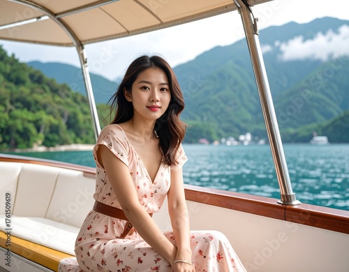 A woman in a floral dress sits on a boat, smiles at the camera, with a backdrop of a lake and mountains