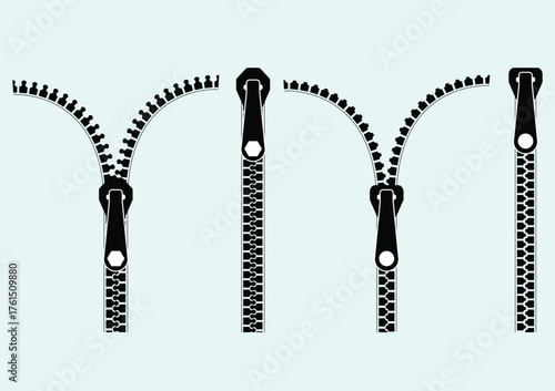 Black zipper in open and closed positions flat design vector illustration.