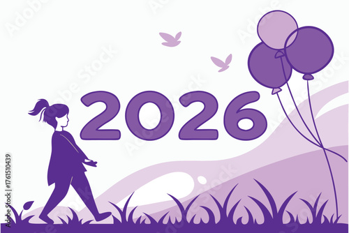 Vector art of a young girl walks towards the year 2026, with balloons floating in the sky, symbolizing hope and new beginnings for the future.