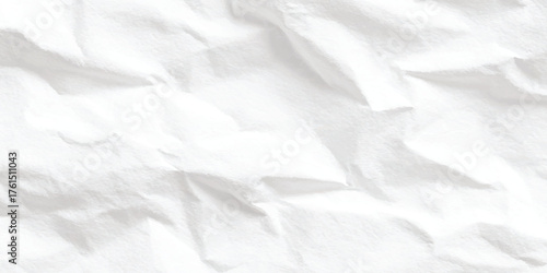 Abstract white crumpled paper texture background with sharp creases, shadows, and copy space, a blank canvas for design.