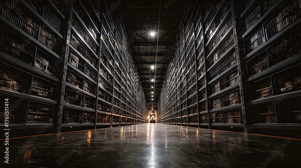 Fototapeta premium Rows of shelves in a large, dark storage facility with a central pathway.