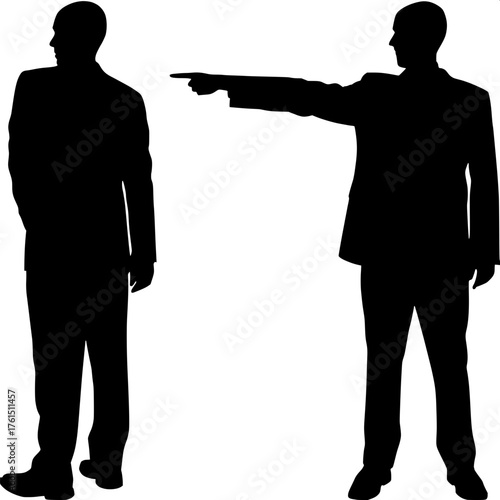 Artistic Vector Silhouette

A vector-style silhouette of a man in a suit, rendered entirely in black against a stark white background. The man faces left with his right arm extended and finger pointin