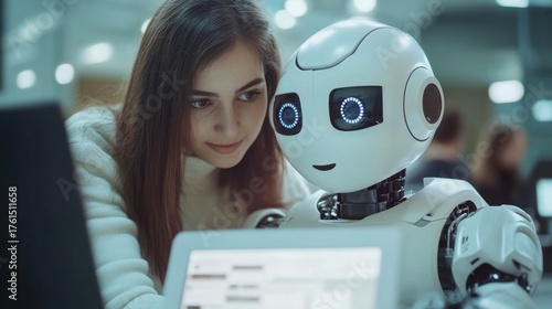 A woman interacts with a friendly robot in a modern setting. Technology and human connection blend seamlessly. The future is bright. Generative AI