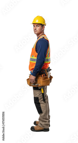 Construction worker in safety vest and hard hat stands in profile, looking at the viewer.