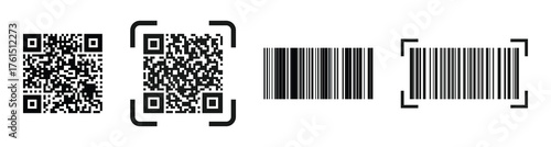 Simple digital QR code sign icon for design. Barcode and QR codes label set. Set of QR code and scan icons line style. Bar code, QR, scanner vector. EPS 10