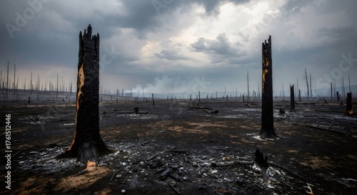 Spooky landscape. Burnt tree trunks remaining after big wild forest fire catastrophe. Environmental destruction background.