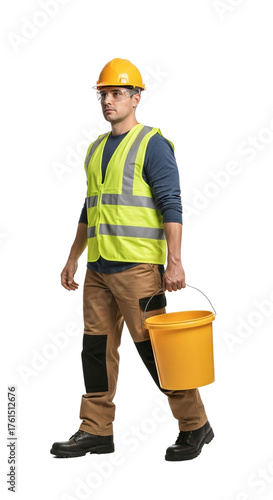 Construction worker in safety gear carrying a yellow bucket while walking on a white background.
