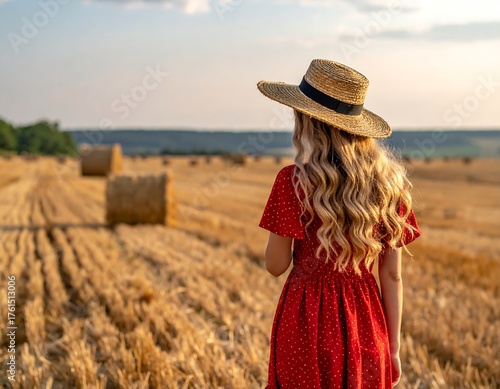 A woman in a red dress and straw hat looks over a harvested field. The golden hour bathes the scene, with hay bales in the background