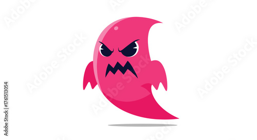 An angry pink ghost is floating and moving on a white background. A spooky character with sharp teeth and furrowed eyebrows.