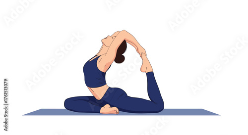 A woman in a dark blue yoga outfit gracefully performs a deep backbend pose on a yoga mat.