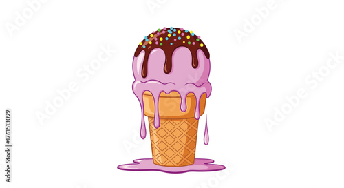 A delicious strawberry ice cream cone with chocolate syrup and colorful sprinkles melting on a white background.