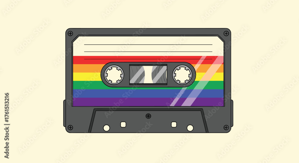 Obraz premium A cassette tape with the colors of the rainbow as its label is depicted on a simple cream-colored background.