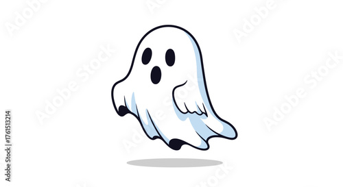 A cute cartoon ghost with a surprised expression floats eerily on a white background.