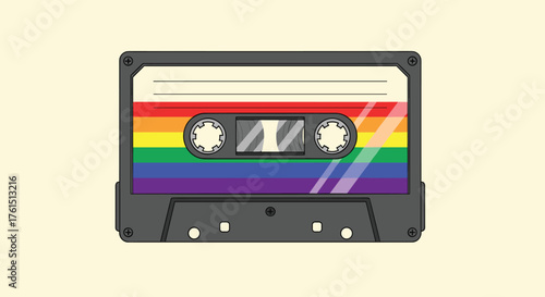 A cassette tape with the colors of the rainbow as its label is depicted on a simple cream-colored background.