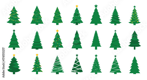 A collection of pixelated green Christmas trees adorned with colorful lights and stars.