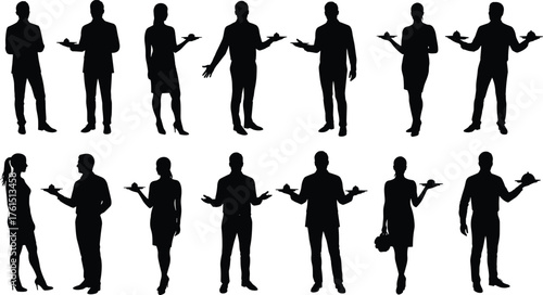 Waitstaff silhouettes, hospitality staff, serving tray poses, restaurant service art, catering lifestyle design, food service concept, professional posture illustration