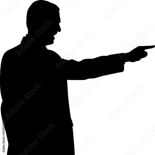 Minimalist Silhouette

A minimalist black silhouette of a man in a suit standing against a pure white background, shown in three-quarter profile facing left. His right arm is extended forward and his 