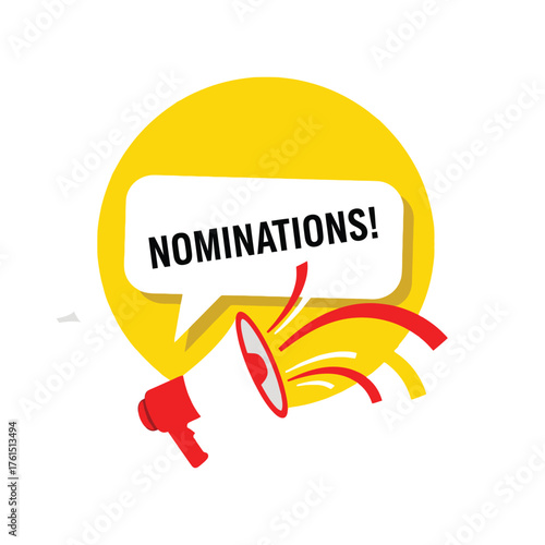 Bright yellow circle with a speech bubble announcing nominations and a red megaphone with colorful streamers