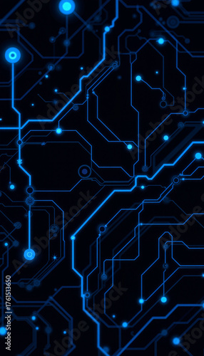 Abstract blue circuit board design with glowing lines and nodes  
