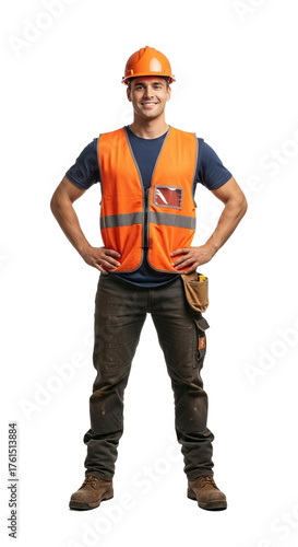 Smiling construction worker standing confidently with hands on hips, wearing safety gear.