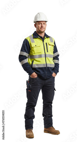 Full shot of a construction worker in a safety vest and hard hat, standing with hands in his pockets.