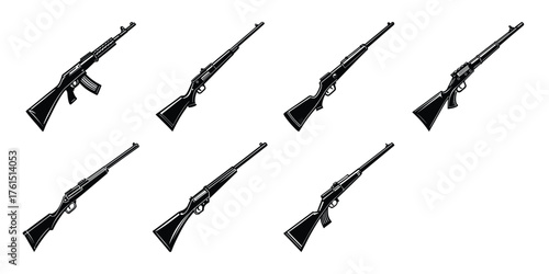 Weapons silhouette set. Collection of various realistic firearms. Assult rifles, sniper rifles, shotguns, handguns, machine guns, historical guns & other. Vector illustration