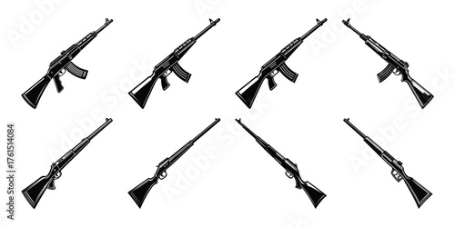 Weapons silhouette set. Collection of various realistic firearms. Assult rifles, sniper rifles, shotguns, handguns, machine guns, historical guns & other. Vector illustration