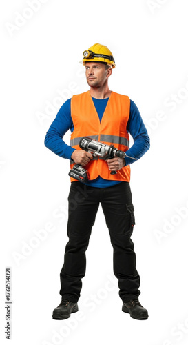 A construction worker stands confidently, holding a power drill, looking to the side.
