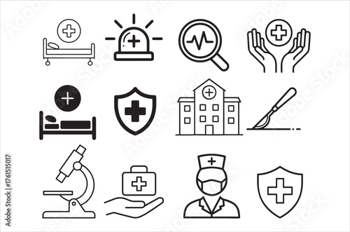 Healthcare icons set depicting medical assistance hospital and protection services Art & Illustration