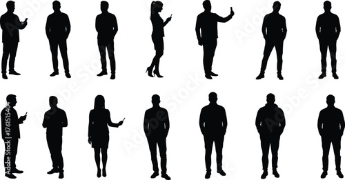 Standing silhouettes, people with phones, body language poses, lifestyle art, communication concept, social interaction design, posture study, modern figure