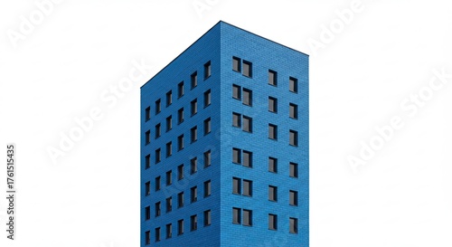 Striking Blue Building with Uniform Windows Against a White Background.