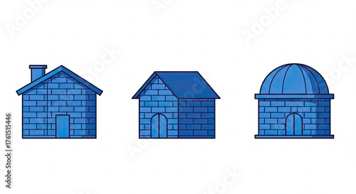 Three Blue Buildings - House, Cottage, and Observatory Illustrations.