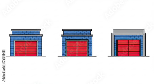 Three garage buildings with red doors and blue walls in a row.