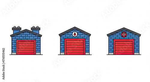 Three Garages with Red Doors and Blue Shingled Walls.