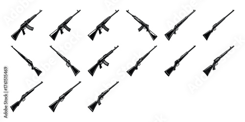 Weapons silhouette set. Collection of various realistic firearms. Assult rifles, sniper rifles, shotguns, handguns, machine guns, historical guns & other. Vector illustration