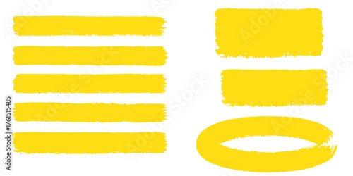 Straight thick grunge underlines. Linocut rolled brush stroke set. Handmade ink rectangle rough stamps. Vector black paint lines shapes. Dry marker or brayer smear textures. Distressed figures.