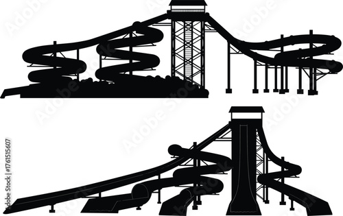 Water slide silhouette, amusement park structure, dual view design, tower platform, tubing system, black shapes, recreational ride, white background, summer attraction, entertainment icon