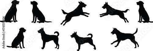 Dog silhouettes, pet poses, canine posture art, sitting standing walking jumping, animal lifestyle design, pet concept, domestic dog illustration