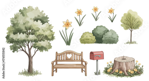 Charming Watercolor Garden Elements Collection with Trees, Wooden Bench, Mailbox, and Stump – Hand-Drawn Park Scene Illustrations for Nature, Landscape, or Outdoor Design Projects