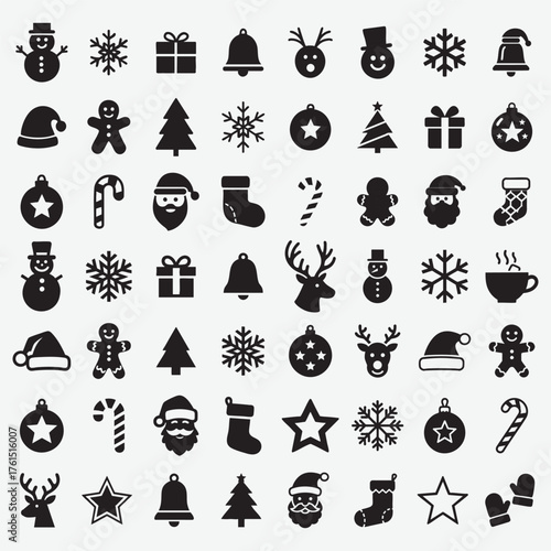 Diverse Christmas Icons Including Snowmen Santa Claus and Ornaments Keywords: christmas, holiday, winter, season, festive