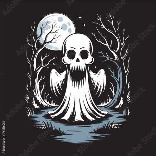 Creepy Ghost with Skull Face in Dark Forest under Full Moon – Spooky Halloween Night Vector Illustration, Scary Haunted Spirit Artwork, Horror Themed Vintage Design for Posters, Stickers, and T-Shirts