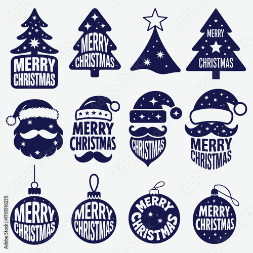 Set of Merry Christmas Icons Featuring Trees Santa Claus and Ornaments Keywords: christmas, merry christmas, holiday, celebration
