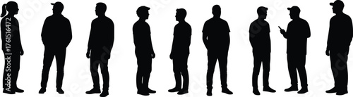 Group silhouettes, standing figures, body language poses, social interaction art, lifestyle concept, communication posture, people design, character study