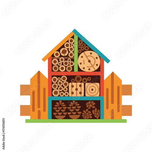 A colorful, stylized of an insect hotel with different compartments.
