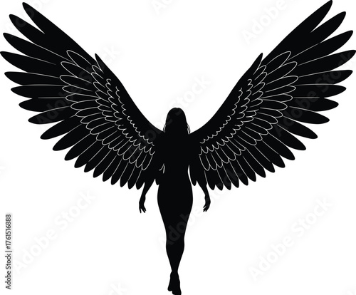 Winged female silhouette, angel figure, fantasy art, mythical posture, symbolic design, spiritual concept, dark wings, supernatural character illustration