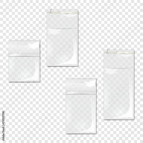 Fold top self adhesive sealing clear plastic poly bag. Open and closed. Realistic vector mockup. Blank empty flat cellophane pouch. 3d mock-up. Transparent nylon package. Template for design