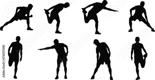 Silhouettes of athletes performing stretching exercises like lunges and quad stretches, symbolizing warm-up, fitness, flexibility, physical training, and sport preparation vector.